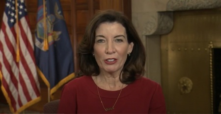 New York Gov. Kathy Hochul speaks during virtual remarks to Bethany Baptist Church in Brooklyn on Sunday, Dec. 19, 2021. 