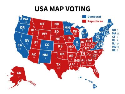 USA map voting. Presidential election map each state American electoral votes showing united Republicans or Democrats political vector infographic.