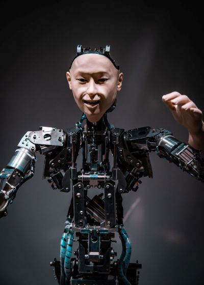 The humanoid android robot Alter recreates human movements at the Mirakian museum in Tokyo.