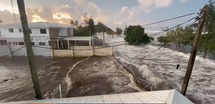 Video showing tsunami waves crashing across the shore of the Pacific nation of Tonga on Jan. 15, 2022. 