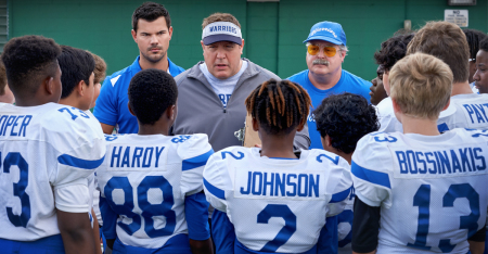 Home Team (L-R) Jacob Perez as Marcos, Taylor Lautner as Troy Lambert, Christopher Farrar as Jason, Kevin James as Sean Payton.