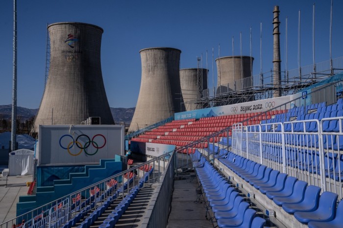 Spectator stands are seen at Big Air Shougang on January 27, 2022 in Beijing, China. With just over one week to go until the opening ceremony of the Beijing 2022 Winter Olympics, final preparations are being made in Beijing ahead of the forthcoming 2022 Winter Olympics.