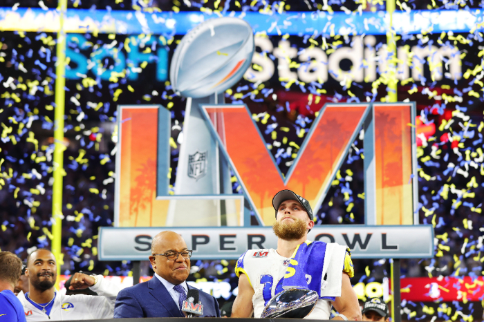 Los Angles Rams wide receiver Cooper Kupp (10) of the Los Angeles Rams celebrates after winning Super Bowl LVI at SoFi Stadium on Feb. 13, 2022 in Inglewood, California. 