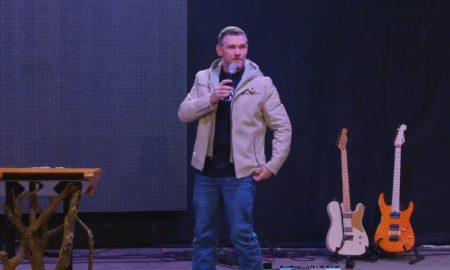 Pastor Greg Locke speaks at Global Vision Bible Church in Tennessee on Feb. 17, 2022. 