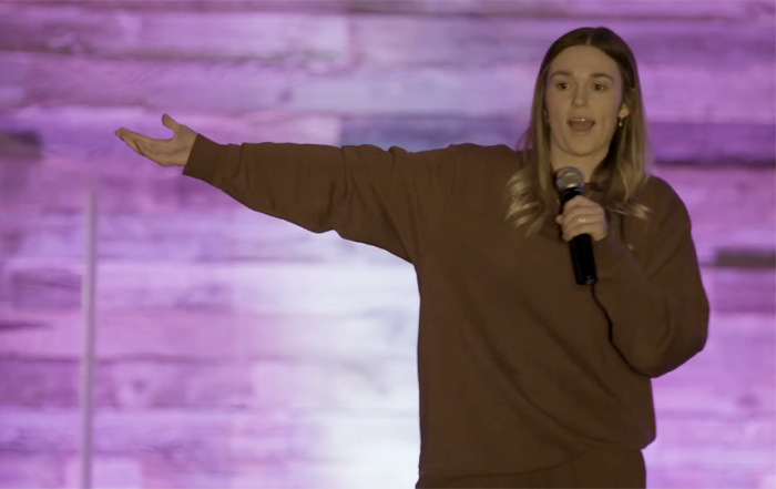 Sadie Robertson Huff speaks at the LO Sister App Retreat in Monroe, Louisiana, on Feb. 22, 2022. 