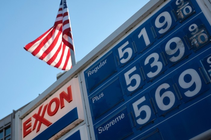 Prices for gas at an Exxon gas station on Capitol Hill are seen March 14, 2022 in Washington, D.C. The cost of gasoline continues to rise across the globe due to the Russian invasion of Ukraine and continued inflation associated with the global pandemic. 