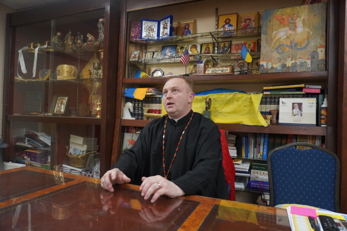 Rev. Volodymyr Steliac, the pastor of Saint Andrew Ukrainian Orthodox Cathedral in Colesville, Maryland, speaks with The Christian Post on March 20, 2022. His house of worship held bazaar fundraiser in which Ukrainians and members of the community gathered together to sell homemade valuables and other items to raise money for Ukrainians amid the Russian invasion.