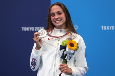 Emma Weyant of Team United States poses with the silver medal for the Women's 400m Individual Medley Final on day two of the Tokyo 2020 Olympic Games at Tokyo Aquatics Centre on July 25, 2021 in Tokyo, Japan. 