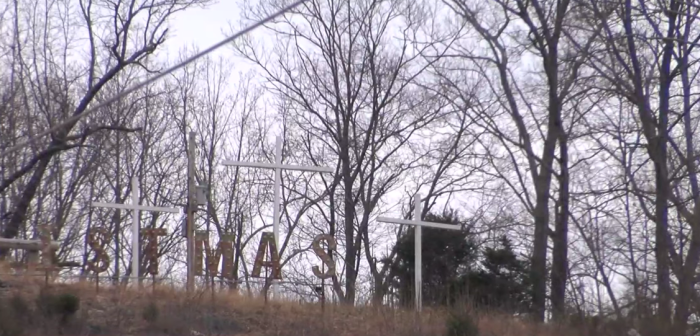 Three crosses sit on Lynn Mountain in Elizabethton, Tennessee. 