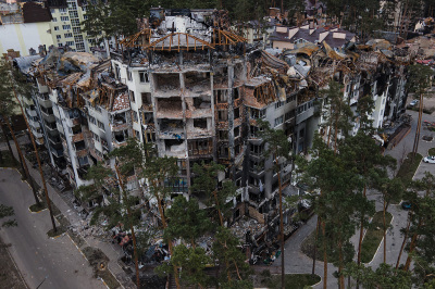 A heavily damaged apartment building on April 18, 2022 in Irpin, Ukraine. 