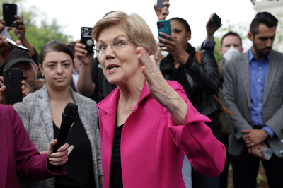 U.S. Sen. Elizabeth Warren, D-Mass., speaks to members of the press during an event on the leaked Supreme Court draft decision to overturn Roe v. Wade on the steps of the U.S. Capitol May 3, 2022, in Washington, D.C. In a leaked initial draft majority opinion obtained by Politico and authenticated by Chief Justice John Roberts, Supreme Court Justice Samuel Alito wrote that the cases Roe v. Wade and Planned Parenthood of Southeastern Pennsylvania v. Casey should be overturned.