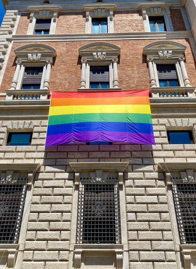 An LGBT pride flag is displayed at the U.S. Embassy to the Holy See in Rome, Italy. 