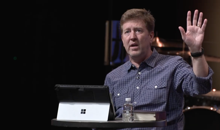 Gary Hamrick, the senior pastor of Cornerstone Chapel in Leesburg, Virginia, answers questions asked by an audience of his congregants on June 8, 2022.  