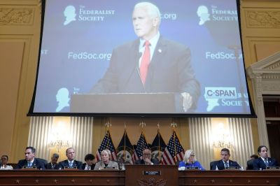 Former Vice President Mike Pence is seen on a screen during a hearing by the Select Committee to Investigate the January 6th Attack on the U.S. Capitol on June 09, 2022 in Washington, DC. The bipartisan committee, which has been gathering evidence related to the January 6 attack at the U.S. Capitol for almost a year, will present its findings in a series of televised hearings. On January 6, 2021, supporters of President Donald Trump attacked the U.S. Capitol Building during an attempt to disrupt a congressional vote to confirm the electoral college win for Joe Biden. 