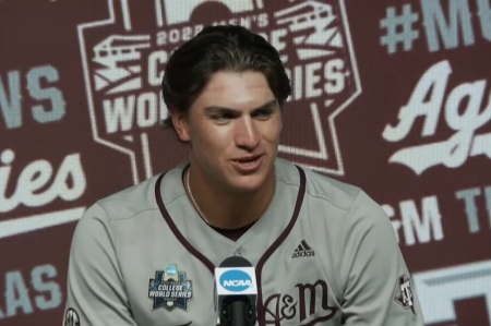 University of Texas A&M pitcher Nathan Dettmer speaks with the media on June 21, 2022.