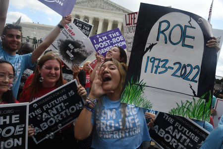 Anti-abortion campaigners celebrate outside the U.S. Supreme Court in Washington, D.C., on June 24, 2022. - The U.S. Supreme Court on Friday ended the legalization of abortion nationwide in one of the most divisive and bitterly fought issues in American political life. The court overturned the 1973 'Roe v Wade' decision and said individual states can permit or restrict the procedure themselves. 