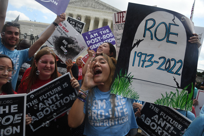 Anti-abortion campaigners celebrate outside the U.S. Supreme Court in Washington, D.C., on June 24, 2022. - The U.S. Supreme Court on Friday ended the legalization of abortion nationwide in one of the most divisive and bitterly fought issues in American political life. The court overturned the 1973 'Roe v Wade' decision and said individual states can permit or restrict the procedure themselves. 