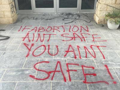 The Blue Ridge Pregnancy Center in Lynchburg, Virginia, was vandalized hours after the U.S. Supreme Court reversed the Roe v. Wade decision legalizing abortion nationwide, June 25, 2022.