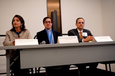 Lucas Koach, director of International Justice and Peace of the U.S. Conference of Catholic Bishops, the Rev. Bernard Randall of the Church of England, and Melina Carmona de Romero of the Centro de Ayuda para la Mujer in Bolivia seen at a panel at the International Religious Freedom Summit to discuss persecution against believers targeted by secular abortion and gender activists in Washington, D.C., on June 29, 2022.