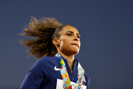 Gold medalist Sydney McLaughlin of Team United States looks on after the medal ceremony for the Women's 4x400m Relay on day 10 of the World Athletics Championships Oregon22 at Hayward Field on July 24, 2022, in Eugene, Oregon. 