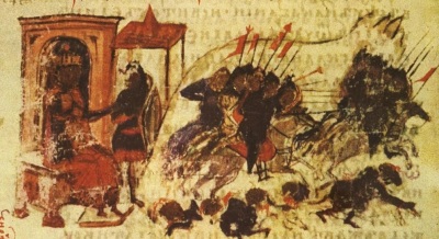 A 14th century depiction of an Arab Muslim army attacking Constantinople during a siege in the 8th century when the city was under the reign of Byzantine Emperor Leo III.