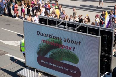 Illustration picture shows an information screen with an info campaign on monkey pox, during the 2022 edition of the 'Antwerp Pride' Parade, part of the Antwerp Pride 2022 festivities that celebrate and support the lesbian, gay, bisexual and transgender oriented people and their allies, Saturday 13 August 2022 in Antwerpen. 