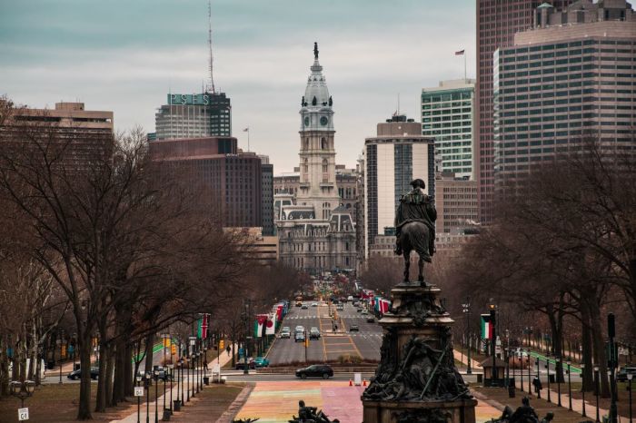 Traffic moves in downtown Philadelphia, Pennsylvania, in this undated file photo taken from the 'Rocky Steps' at the Philadelphia Museum of Art of City Hall. 