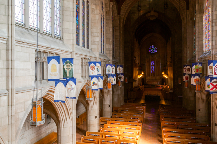 An interior view of the nave looking toward the high altar at the Cathedral of St. John the Evangelist in Spokane, Washington. 