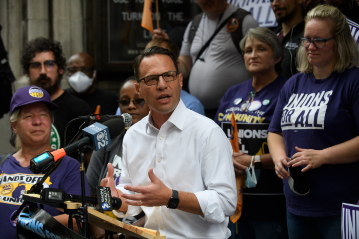 Pennsylvania Attorney General and Democratic nominee for governor Josh Shapiro speaks at a rally along with union members in front of the Smithfield United Church of Christ on September 19, 2022, in Pittsburgh, Pennsylvania.