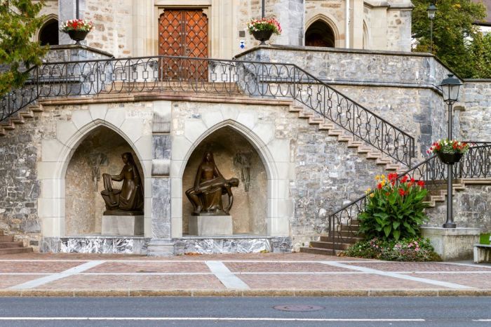 Sculptures of Mary at the birth and death of Jesus are located outside St. Florin’s Cathedral (Roman Catholic) in Vaduz, Liechtenstein.