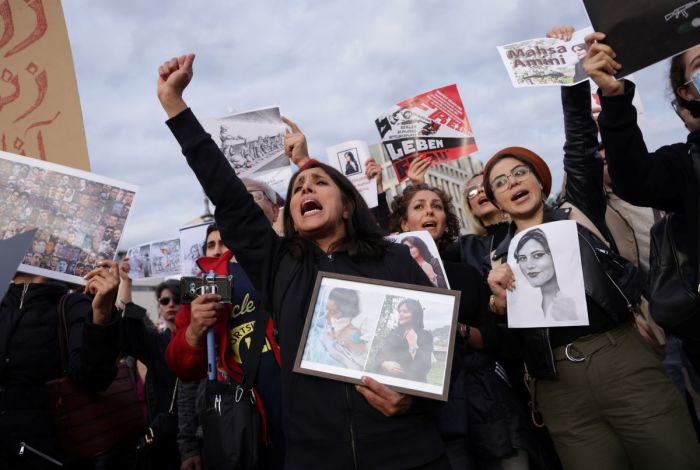 Protesters gather to demonstrate against the death of Mahsa Amini in Iran on September 23, 2022 in Berlin, Germany.