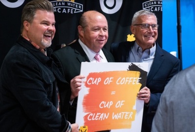 Liquid Church Lead Pastor Tim Lucas(L), Parsippany, New Jersey Mayor James R Barberio (C), and Liquid Church Executive Pastor Dave Brooks (R) at the ribbon cutting ceremony for Liquid Church's Clean Water Cafe on Monday, Oct. 3, 2022. 