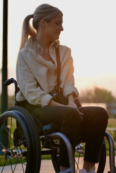 Emma Benoit in her wheelchair 