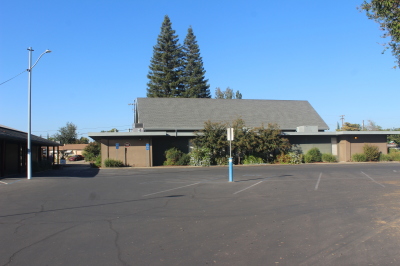 A view of the sanctuary of Cornerstone Church of Yuba City in California, from the parking lot.