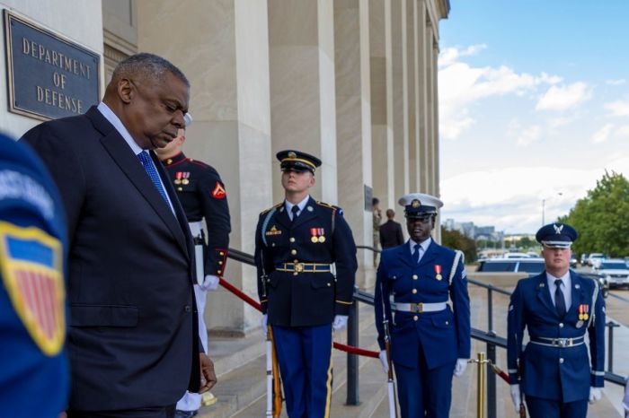 U.S. Secretary of Defense Lloyd Austin walks to welcome Indian Minister Of External Affairs Dr. Subrahmanyam Jaishankar during an enhanced honor cordon at the Pentagon on September 26, 2022, in Arlington, Virginia. 