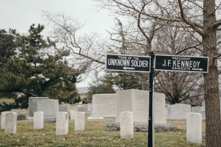 Arlington National Cemetery contains the Tomb of the Unknown Soldier and the grave of slain President John F. Kennedy. 