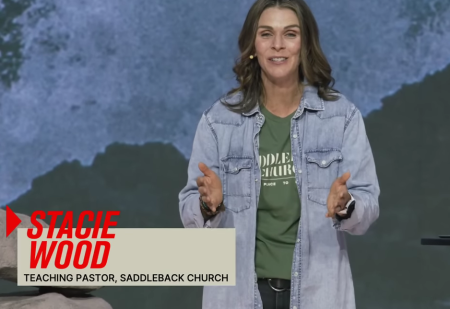 Stacie Wood of Saddleback Church preaches a sermon in October 2022. The church labeled Wood as 'teaching pastor' although the Southern Baptist Convention's 2000 Baptist Faith & Message prohibits females from holding the office of pastor. 