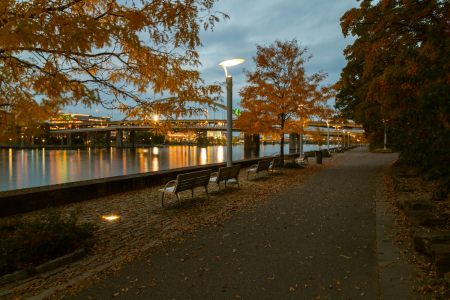 The 36-acre Point State Park fronts downtown Pittsburgh, Pennsylvania, at the confluence of the Allegheny, Monongahela and Ohio Rivers. 