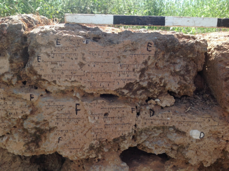 A burnt mud brick wall from Tel Batash (Biblical Timnah) is marked for field orientation. Timnah was a a Philistine city in Canaan mentioned in the Bible. 