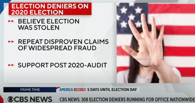 CBS News lays out the criteria it uses to determine whether or not a candidate for office is an 'election denier' in a report, Nov. 3, 2022.