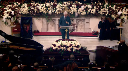 Former President Bill Clinton speaks at the memorial service for late Abyssinian Baptist Church leader Calvin O. Butts, III, in New York City on November 4, 2022.