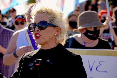 Kellie-Jay Keen speaks at a rally in front of the Lincoln Memorial in Washington, D.C. on Nov. 7, 2022. 