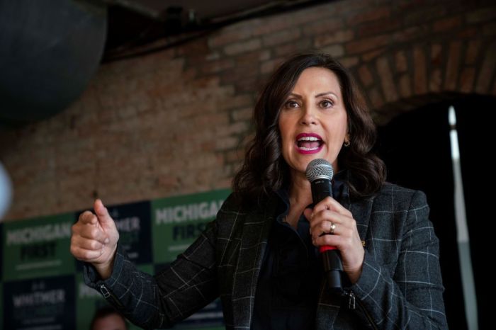 Michigan Gov. Gretchen Whitmer speaks to supporters at a rally at the Crofoot Ballroom on Nov. 6, 2022, in Pontiac, Michigan. 