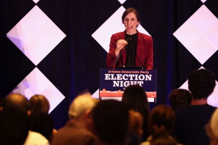 Arizona Democratic State Superintendent of Public Instruction Kathy Hoffman speaks to supporters at an election night watch party at the Renaissance Phoenix Downtown Hotel on November 08, 2022, in Phoenix, Arizona.