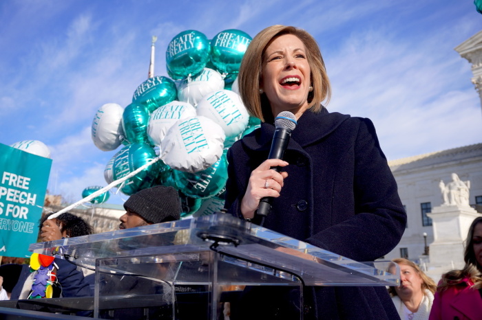 Kristen Waggoner, CEO and president of Alliance Defending Freedom, speaks outside the U.S. Supreme Court following oral arguments in the case 303 Creative LLC v. Elenis, Dec. 5, 2022.