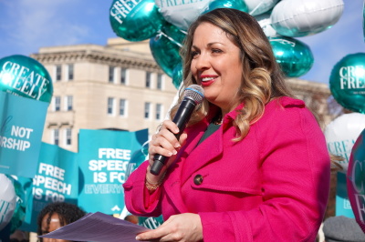 Lorie Smith, owner of the website design company 303 Creative, speaks outside the United States Supreme Court following oral arguments in the case 303 Creative LLC v. Elenis, Dec. 5, 2022.