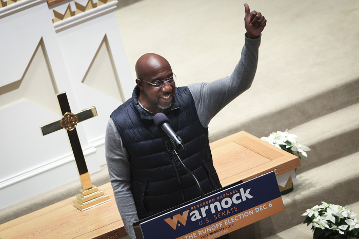 Georgia Democratic Senate candidate U.S. Sen. Raphael Warnock, D-Ga., speaks during a Meet and Greet event at St. John Baptist Church Dec. 4, 2022, in Gainesville, Georgia.