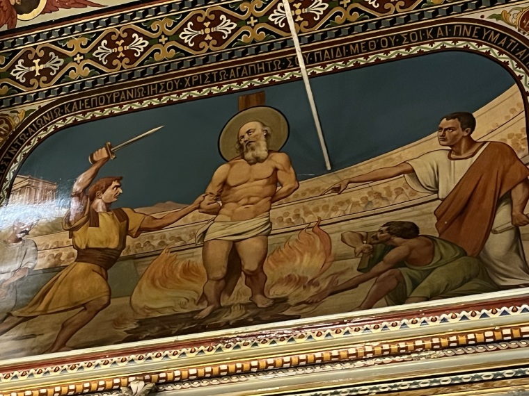 A portion of the intricate fresco on the ceiling of the Saint Polycarp Church in Izmir, Turkey.