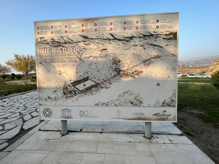 A sign at the Hierapolis-Pamukkale, a UNESCO World Heritage Site, in Denizli, Turkey.