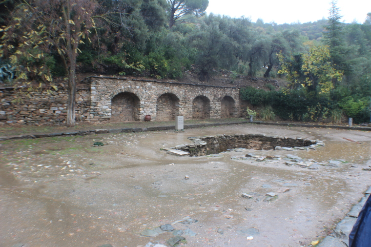 The keyhole-shaped baptismal pool on the site of the Ephesus House of Mary in Izmir, Turkey which is believed to be the Virgin Mary's final resting place.